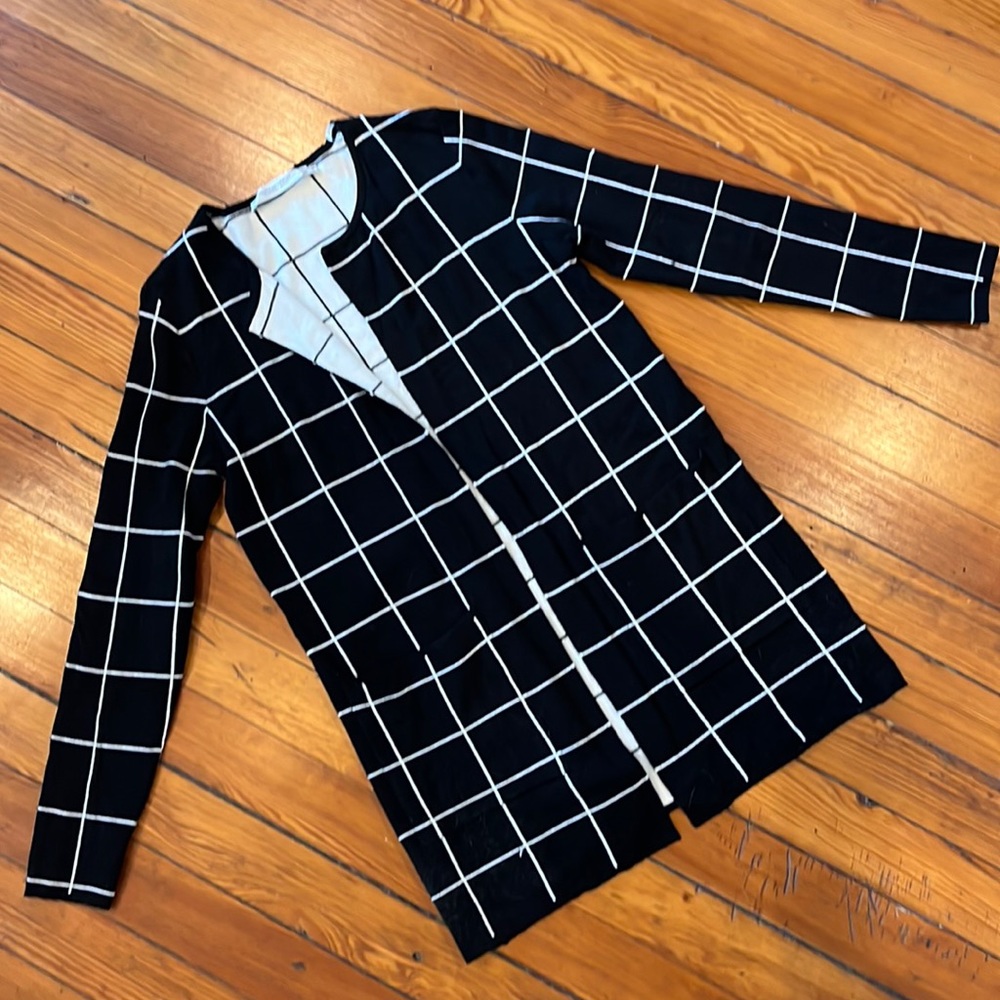 Open-front black windowpane cardigan / sweater coat.